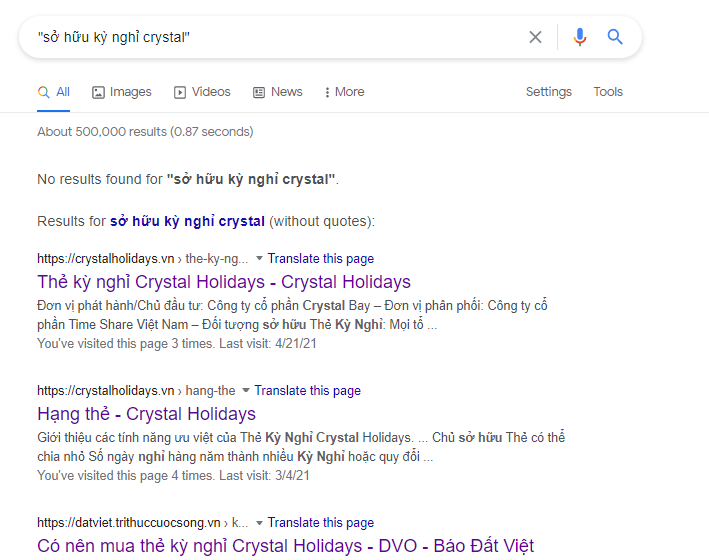 Search google ra 0 kết quả “sở hữu kỳ nghỉ Crystal” 